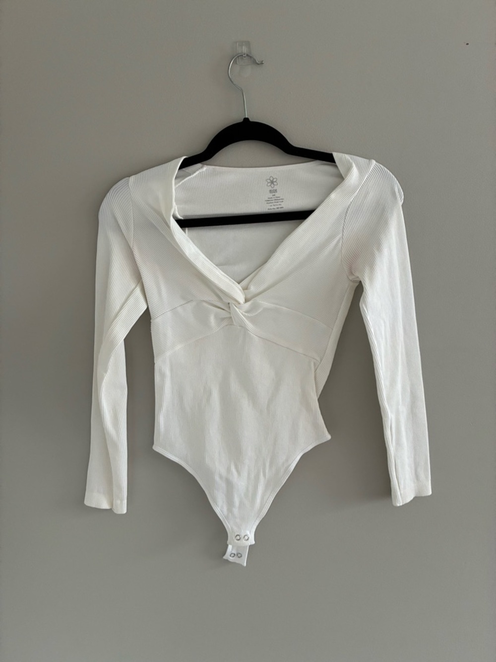 Aura White Twist-Front Long Sleeve Ribbed Bodysuit